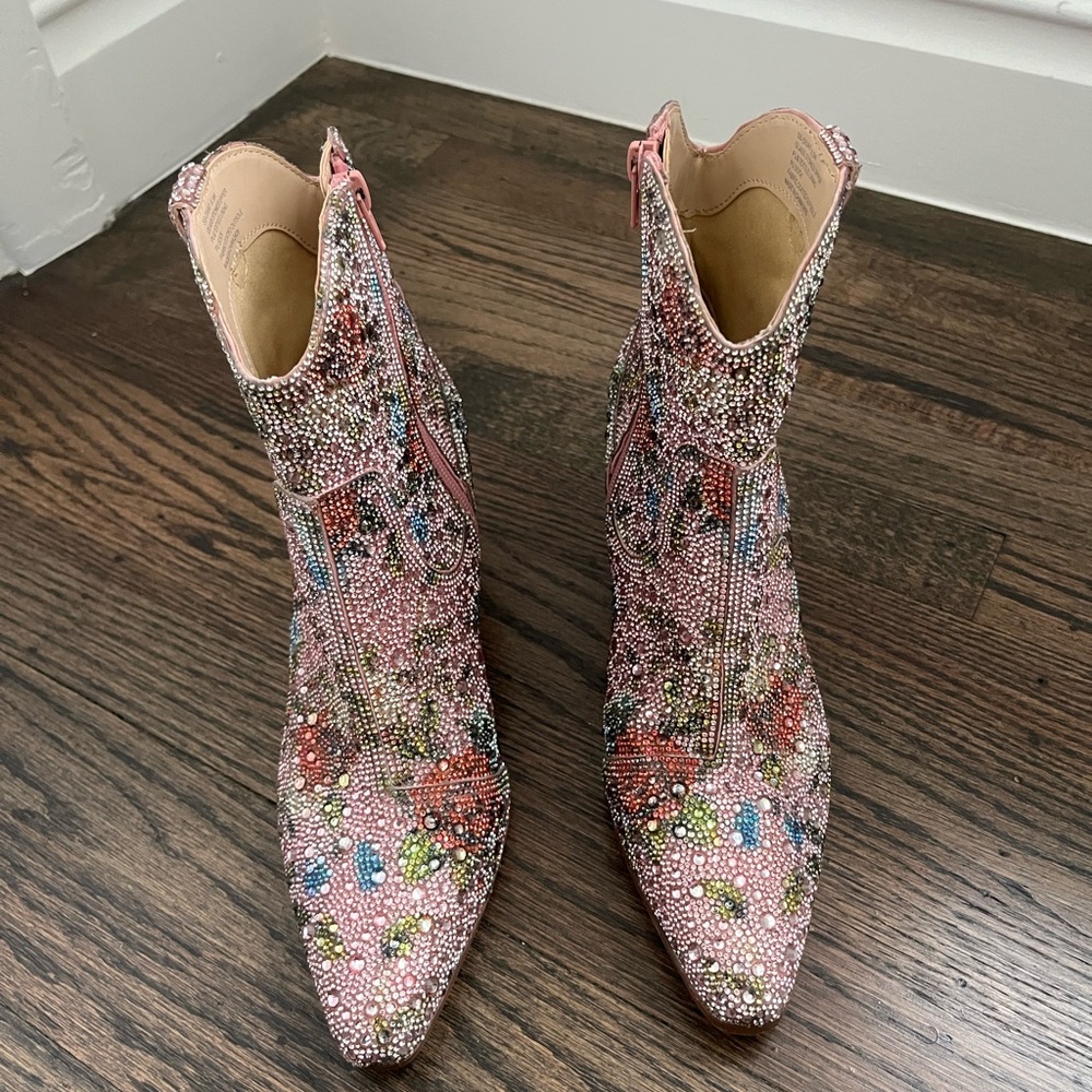 Betsey Johnson Diva F Cowboy Rhinestone Ankle Boots Booties, 8.5, Pink Floral - Picture 8 of 9